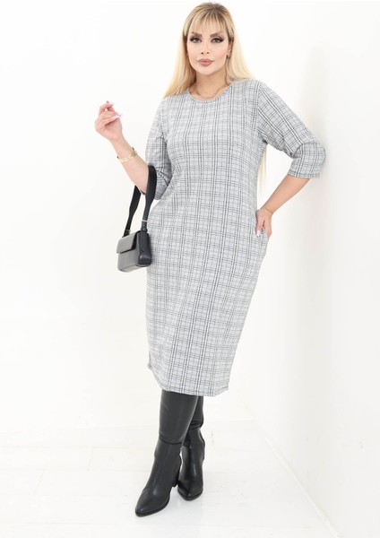 Çift Cepli Desenli Esnek Kışlık Büyük Beden Midi Elbise 10C-2735 fırsatları