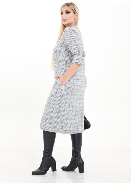 Çift Cepli Desenli Esnek Kışlık Büyük Beden Midi Elbise 10C-2735 indirimleri