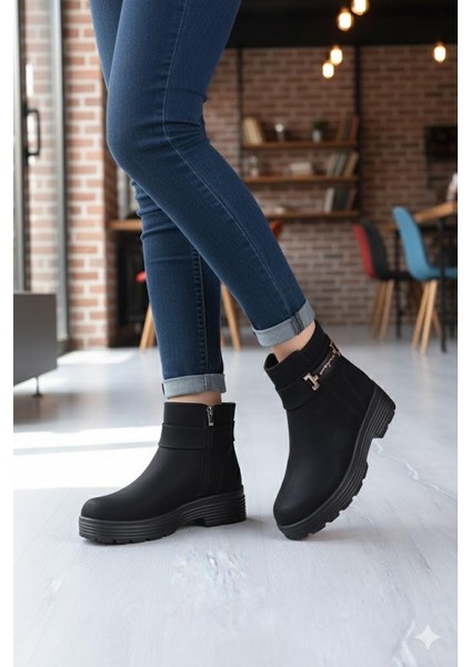 1187 Rahat Sıcak Astar Kaymaz Taban Fermuarlı Kadın Bot