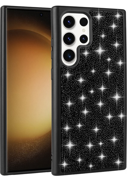 Galaxy S22 Ultra Kılıf Parlak Taşlı Tasarım Pırlanta Kapak - Siyah