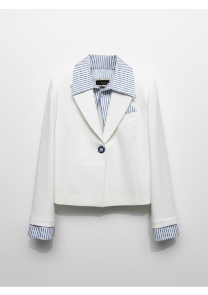 Kadın Rahat Kalıp Gömlek Yaka Detaylı Kısa Blazer Ceket - Beyaz
