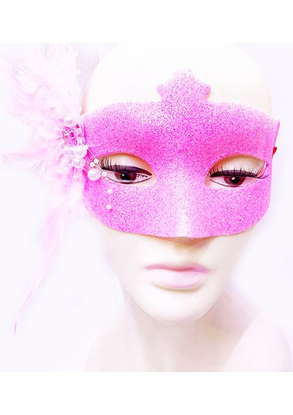 Parti Aksesuar Sim Işlemeli Inci Boncuk Detaylı Tüylü Balo Maskesi Pembe Renk 13X18 cm fiyatları