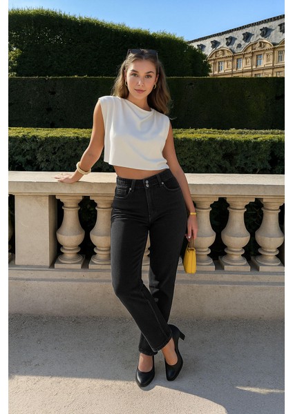 Kadın Yüksek Bel Beli Lastikli Antrasit Jean Pantolon modelleri