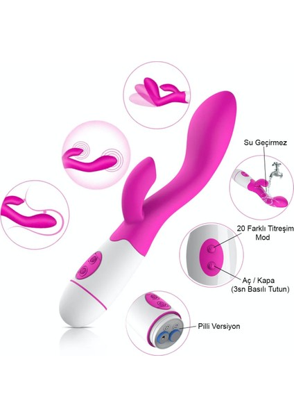 Çift Motorlu Pilli Tavşan Vibratör – 30 Titreşim Mod,  Su Geçirmez