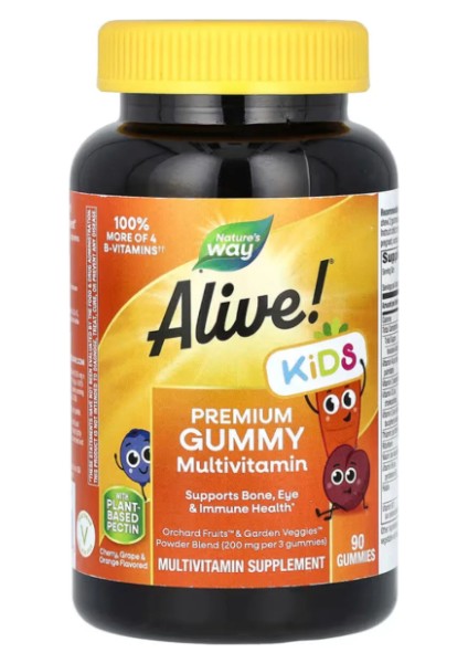 Alive! Kids, Premium Gummy Multivitamin, Cherry, Grape & Orange, 90 Gummies