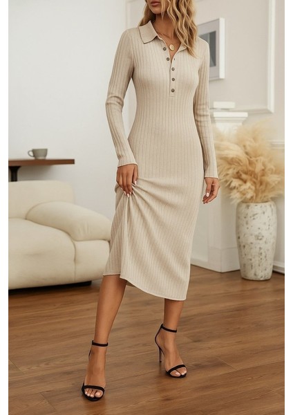 Kadın Uzun Kollu Yakalı Düğmeli Şardonlu Kaşkorse Elbise fiyatları