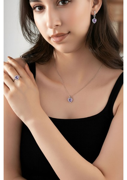925 Ayar Ametist Taşlı Rodyum Pırlanta Işıltılı Kalp 3'lü Gümüş Set-Takım *ayarlanabilir fiyatları