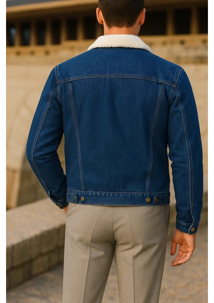 Erkek Kışlık Trend Günlük K.mavi Içi Kürklü Peluş Ceket