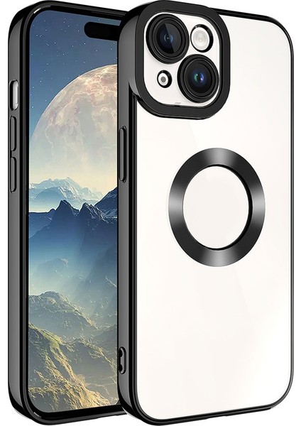 Apple iPhone 15 Uyumlu Kamera Korumalı Logo Gösteren Omega Kapak-Siyah