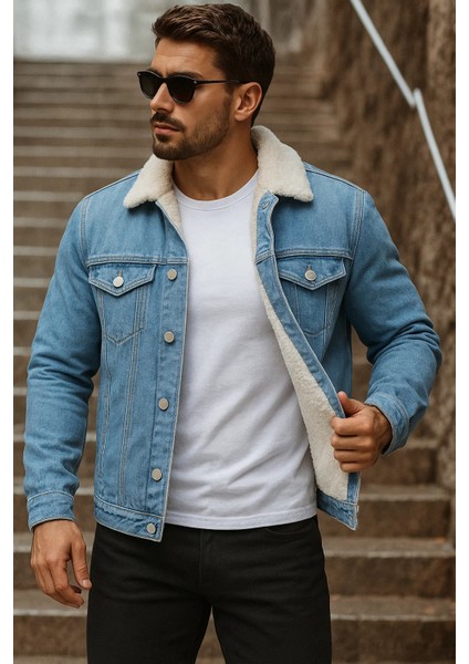 Erkek Kışlık Trend Içi Kürk Peluş A.mavi Kot Ceket