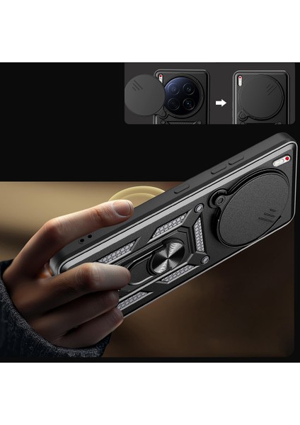 Tecno Camon 40 Premier 5g Kılıf Magnetik Standlı Kamera Korumalı Sürgülü Kapak - Mavi indirimleri