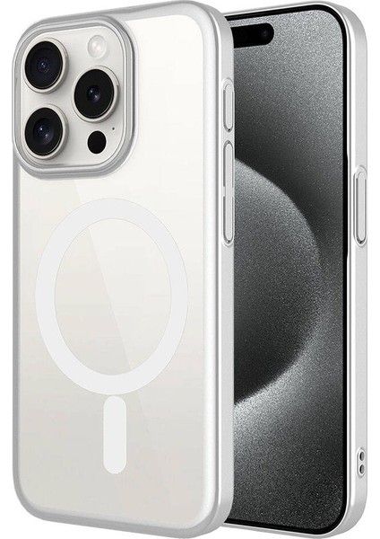 Apple iPhone 15 Pro Max Kılıf Wireless Şarj Özellikli Sert Pc Mat Riksos Magsafe Kapak-Gümüş