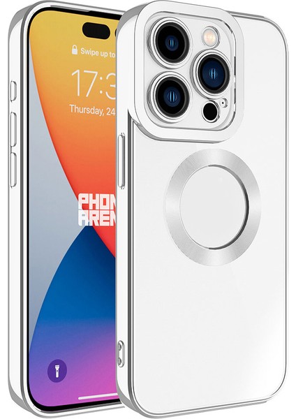 Apple iPhone 15 Pro Max Kılıf Kamera Korumalı Logo Gösteren Omega Kapak-Gümüş