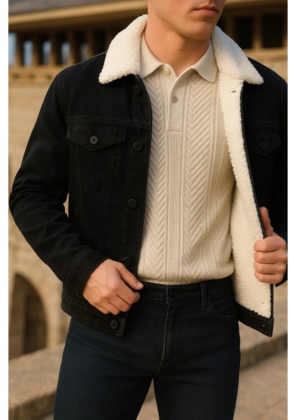 Erkek Kışlık Trend Günlük Siyah Içi Kürklü Peluş Ceket