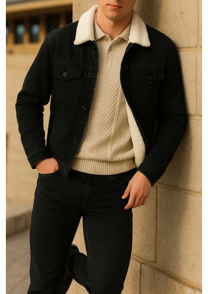 Erkek Kışlık Trend Günlük Siyah Içi Kürklü Peluş Ceket modelleri