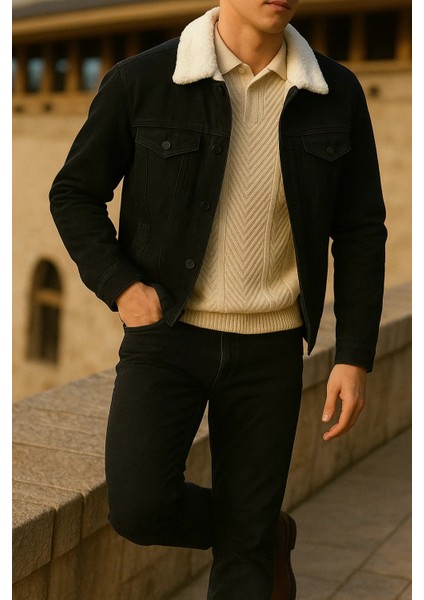 Erkek Kışlık Trend Günlük Siyah Içi Kürklü Peluş Ceket fırsatları