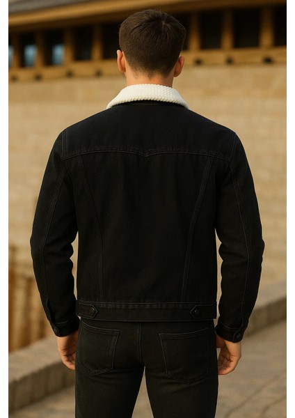 Erkek Kışlık Trend Günlük Siyah Içi Kürklü Peluş Ceket