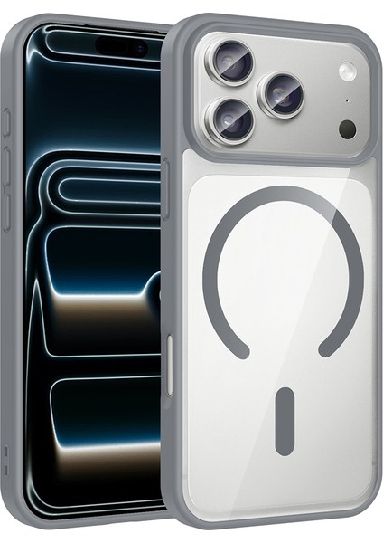 Spia Zore Apple iPhone 17 Pro Max Kılıf M-Safe Wireless Şarj Özellikli Silikon Ege Kapak - Gri