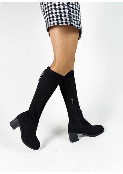 Siyah Süet Diz Altı Çorap Streç Kalın Topuk Kadın Çizme