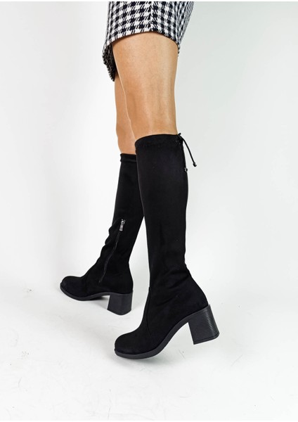 Siyah Süet Diz Altı Çorap Streç Kalın Topuk Kadın Çizme fiyatları