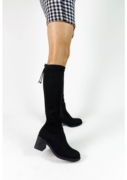Siyah Süet Diz Altı Çorap Streç Kalın Topuk Kadın Çizme fırsatları