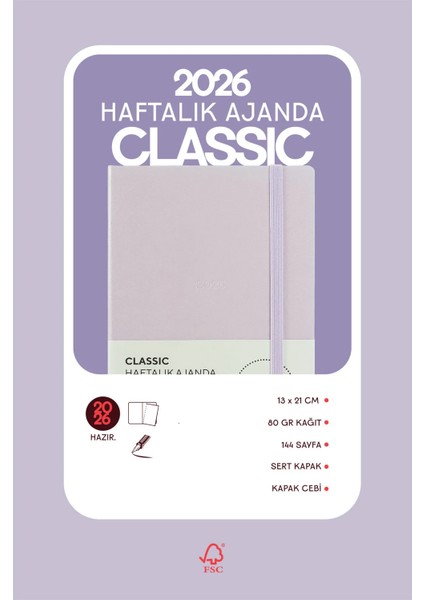 Classic 2026 Haftalık Ajanda 13X21 Cm.sert Kapak. Ivory 80 GR.144 Sayfa. Cepli. Lastikli.lila fiyatları