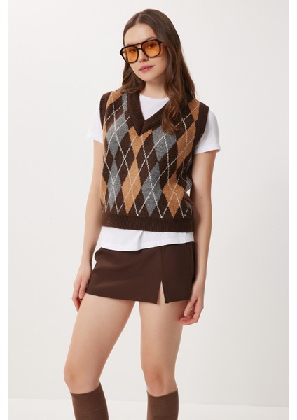 Baklava Desenli Triko Süveter LXA0011 Kahverengi Bisküvi