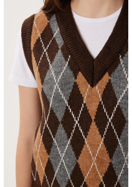 Baklava Desenli Triko Süveter LXA0011 Kahverengi Bisküvi modelleri