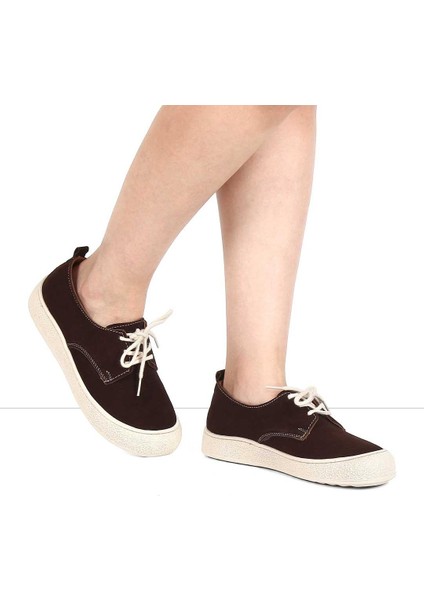 Kadın Kahverengi Bağcıklı Kalın Tabanlı Süet Deri Ayakkabı