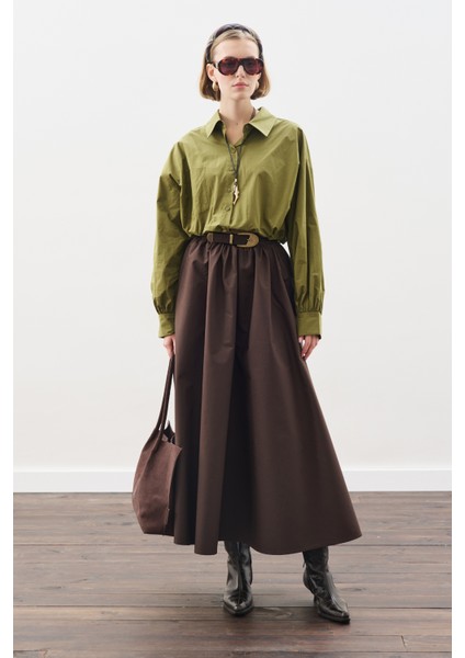 Crop Balon Form Gömlek Yağ Yeşili