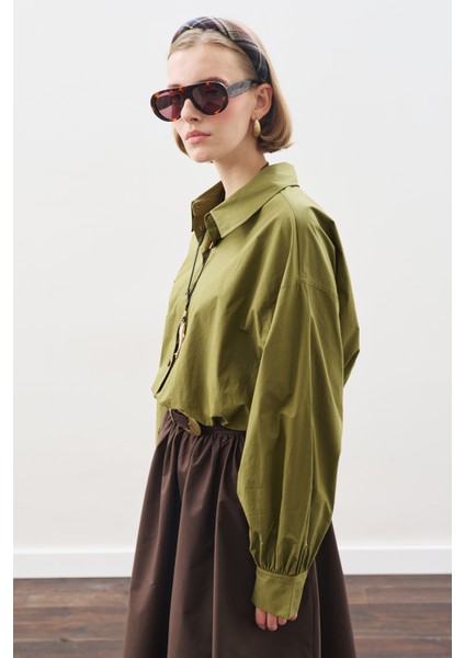 Crop Balon Form Gömlek Yağ Yeşili fırsatları