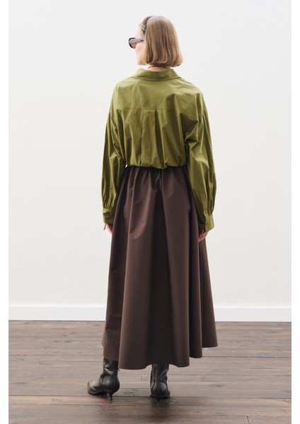 Crop Balon Form Gömlek Yağ Yeşili