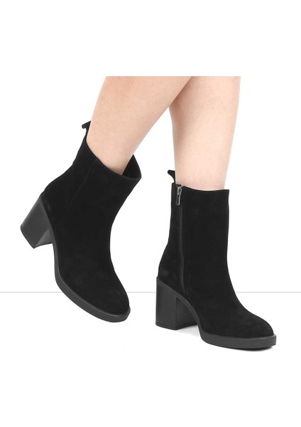 Kadın Siyah Kalın Topuklu Süet Deri Bot