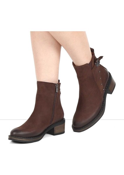Kadın Kahverengi Fermuarlı Nubuk Deri Bot