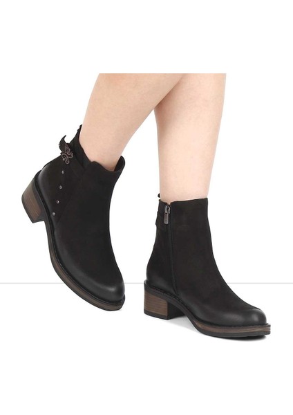 Kadın Siyah Fermuarlı Nubuk Deri Bot