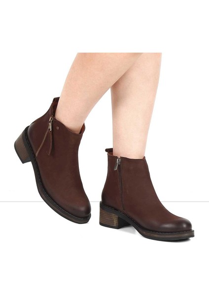 Kadın Kahverengi Çift Fermuarlı Nubuk Deri Bot