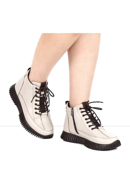 Kadın Bej Çift Fermuarlı Deri Bot