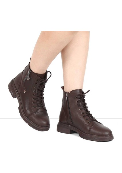 Kadın Kahverengi Çift Fermuarlı Deri Bot
