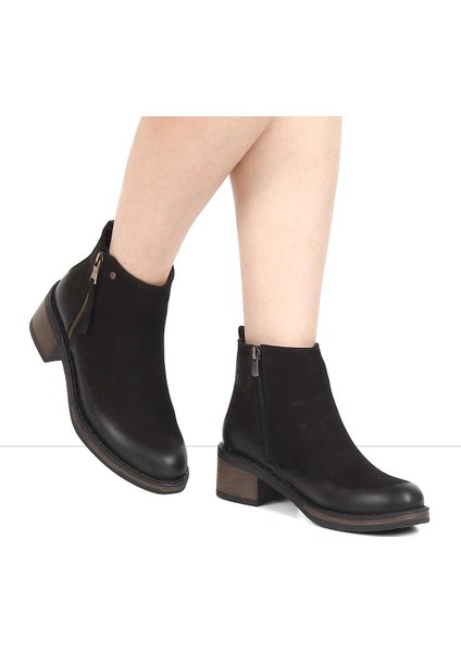 Kadın Siyah Çift Fermuarlı Nubuk Deri Bot