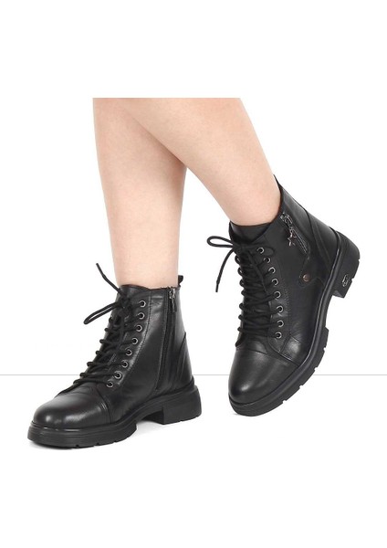 Kadın Siyah Çift Fermuarlı Deri Bot