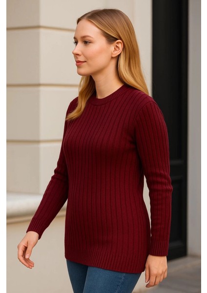 Bisiklet Yuvarlak Yaka Triko Kazak Pamuklu Kalın Fitilli Dokuma, Regular Fit Uzun Kollu Kışlık Model - Bordo modelleri