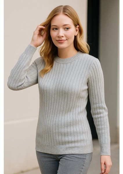 Bisiklet Yuvarlak Yaka Triko Kazak Pamuklu Kalın Fitilli Dokuma, Regular Fit Uzun Kollu Kışlık Model - Gri