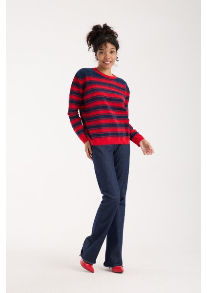 Kadın Laci-Kırmızı Çizgili Çapraz Kontrast Dikiş Detaylı Şönil Kadife Triko Bluz indirimleri