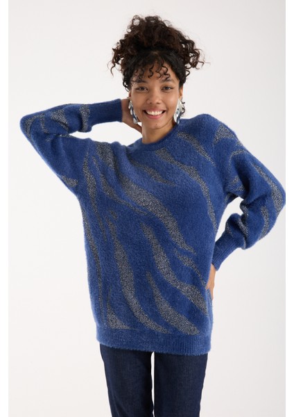 Kadın Indigo Simli Sakal Iplik Balon Kollu Bisiklet Yaka Triko Kazak