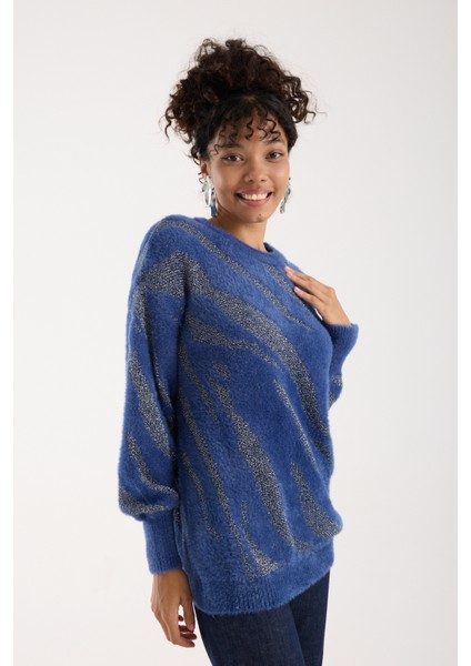 Kadın Indigo Simli Sakal Iplik Balon Kollu Bisiklet Yaka Triko Kazak fiyatları