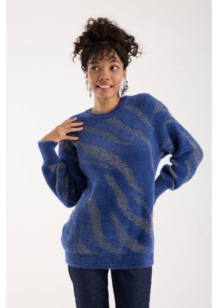 Kadın Indigo Simli Sakal Iplik Balon Kollu Bisiklet Yaka Triko Kazak fırsatları