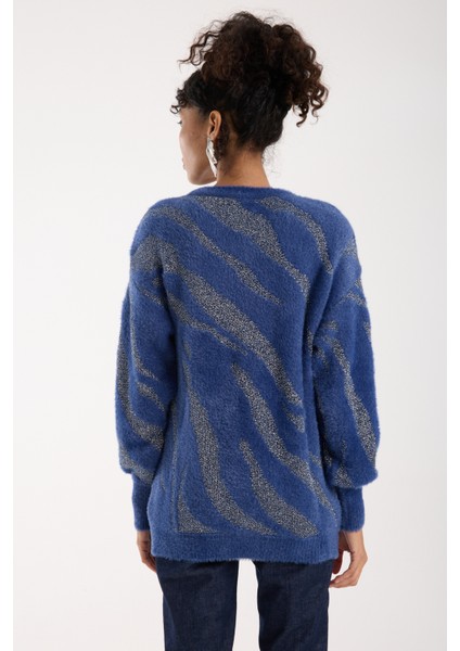 Kadın Indigo Simli Sakal Iplik Balon Kollu Bisiklet Yaka Triko Kazak indirimleri