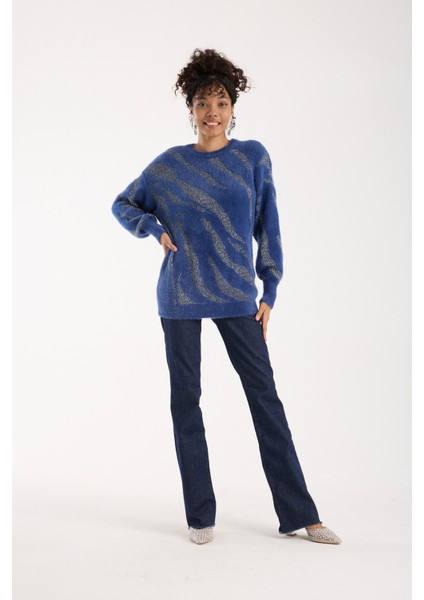 Kadın Indigo Simli Sakal Iplik Balon Kollu Bisiklet Yaka Triko Kazak