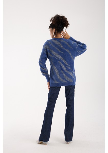 Kadın Indigo Simli Sakal Iplik Balon Kollu Bisiklet Yaka Triko Kazak