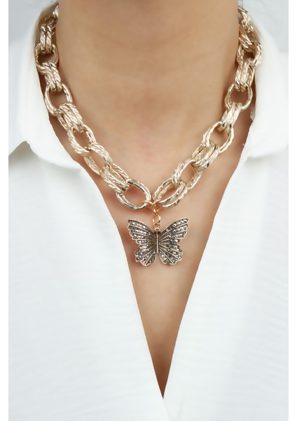 Kelebek Uçlu Tasarım Zincir Kolye